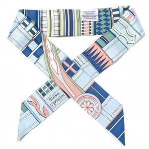 Hermes Silk Voltes Et Pirouettes Twilly Bleu Ciel Vert Jaune